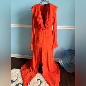 Bright Orange Plunge Frill Maxi Dress